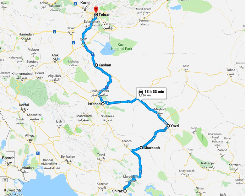 map of Hidden treasure of Persia Tour- Aria Dokht Tour & travel Operator Co.