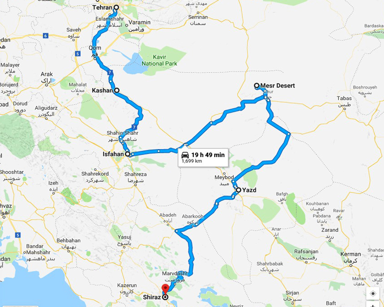 map of The Sun and the Lion Tour- Aria Dokht Tour & travel Operator Co.