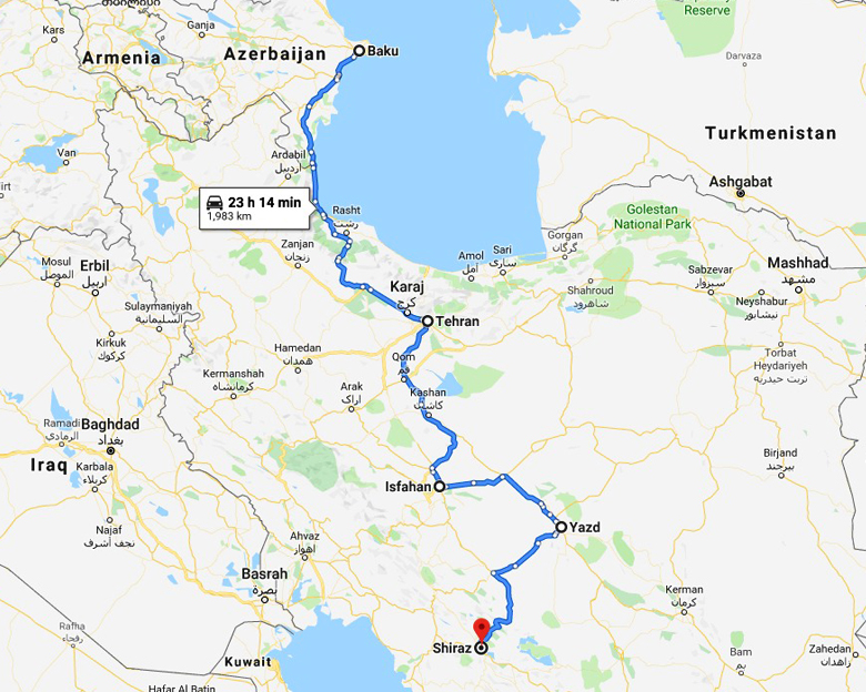 map of Azerbaijan Iran Tour- Aria Dokht Tour & travel Operator Co.
