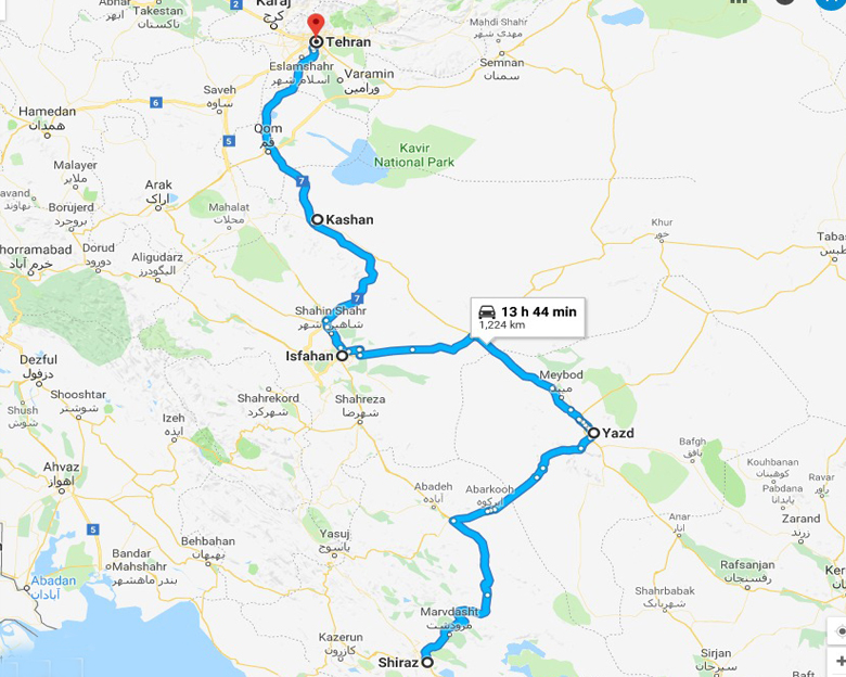map of Myth of Persia Tour- Aria Dokht Tour & travel Operator Co.