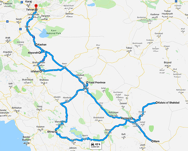 map of Oasis in the desert Tour- Aria Dokht Tour & travel Operator Co.