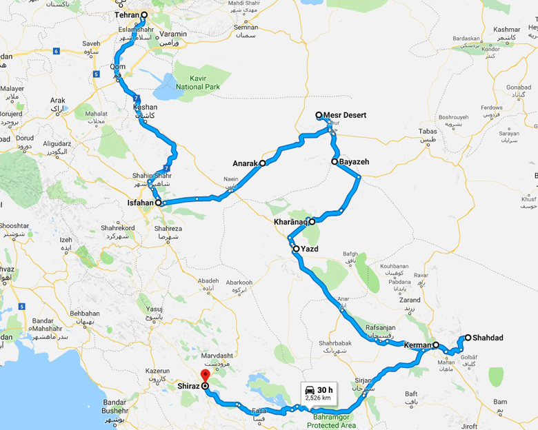 map of Persian Caravanserai Tour - Aria Dokht Tour & travel Operator Co.