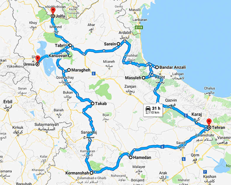 map of calm west Tour- Aria Dokht Tour & travel Operator Co.